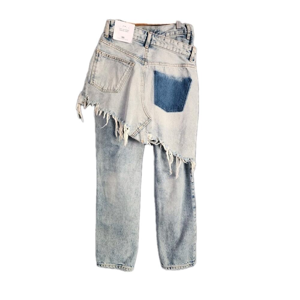ZARA LAYERED NWT Jeans MID-RISE ZW STRAIGHT LEG Skirt Overlay Sz 0 - Picture 6 of 8
